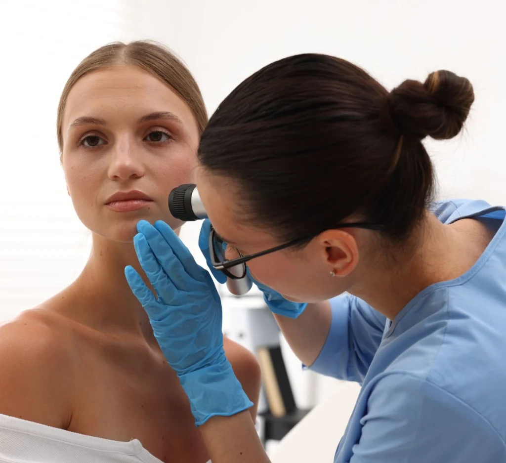Dermatolog pregleda kožu lica pacijentkinje dermatoskopom